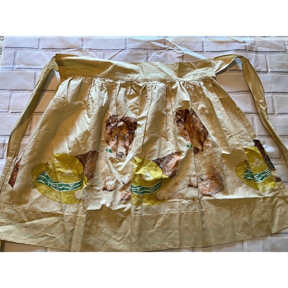 Vintage Half Apron Border Collie Puppy Dog with Sun Hat Tan Ties in Back - Picture 8 of 9